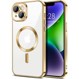 Hython Magnetic Clear for iPhone 14 Case with Camera Lens Protector [Compatible with MagSafe] Luxury Plating Edge Slim Soft TPU Cover Protective Phone Case for iPhone 14 6.1", Gold
