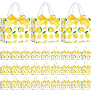 Moinchore 30 Pcs Yellow Lemon Gift Bags Bulk 5.5 x 4.7 x 2.5 in Mini Summer Fruit Favor Bags with Handles Bow Ribbon Wrap for Lemon Birthday Bridal Shower Wedding Party Supplies Family Holiday Travel