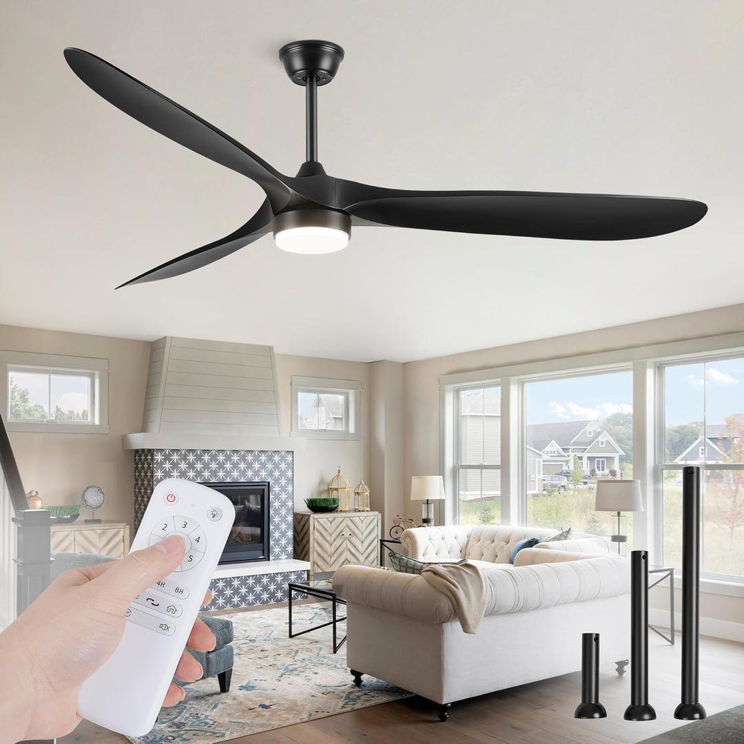 70 inch Propeller Ceiling Fan With Light, Led Large Ceiling Fan with 6 Speeds, 3 ABS Blades Outdoor Ceiling Fans for Patios, Porch, Bedroom, 1/4/8H Timing- Black