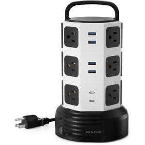 Power Strip Tower Surge Protector, JACKYLED 12 Outlets 6 USB (2 USB C) Charging Station, Extension Cord with Multiple Outlets, 1050J 1625W/13A Outlet Extender 6.5ft Extension Cord for Home Office