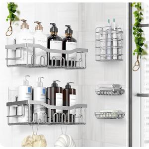 Luxury Style 5 Pack Stainless Steel Adhesive Shower Caddy Set - Rustproof Bathroom Organizer with Large Capacity Storage| No Drilling Shelves Shower Caddy Organizer | Bathroom Decor (Shiny Silver)