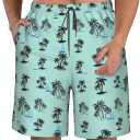 Teal Blue Mens Swim Trunks with Liner Pockets 9" Quick Dry Beach Shorts Tropical Tree Bathing Suit Swimwear, XL