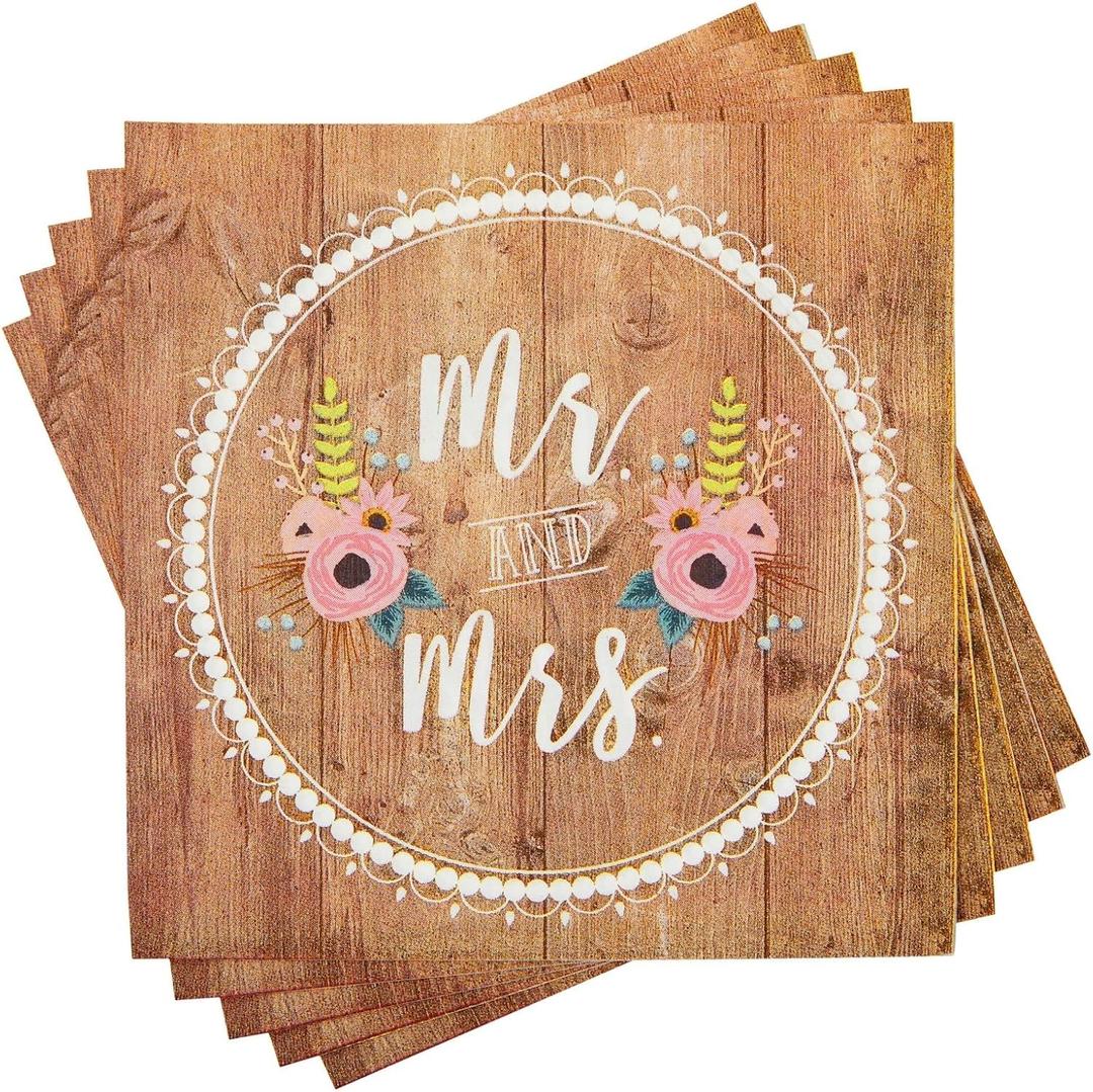 BLUE PANDA 150-Pack Mr and Mrs Napkins, Disposable, Rustic-Style Wedding Napkins for Reception, Bridal Shower Decorations, Engagement Party Supplies (6.5x6.5 in) Bulk Pack - Wedding Shower Decorations