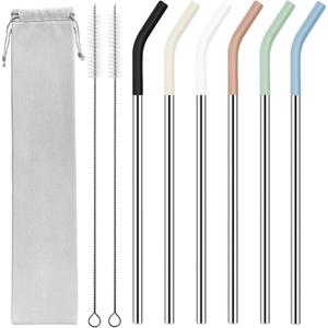 20 oz Stainless Metal Straws for 20 oz Stanley Tumbler, 6Pcs Reusable Straight Long Steel Straws with 12 Silicone Tips and 2 Straw Cleaning Brushes (6Color1, 20oz)