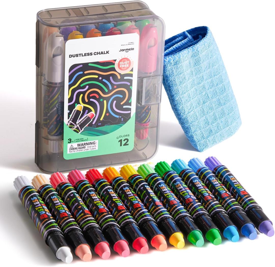 Jar Melo Dustless Chalk for Kids, 12 PCS Sidewalk Chalk Set with Holder, Washable and Non-Toxic, Colored Chalk for Chalkboard, Easy Grip Jumbo for Sidewalk Drawing, Blackboard, Outdoor Art Play 3+