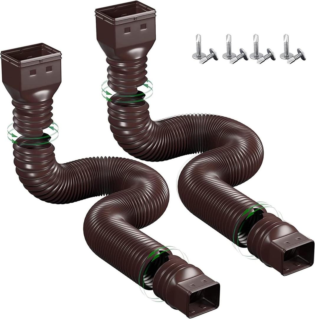2 Pack Rain Gutter Downspout Extensions,Drain Downspout Extender Diverter, Flexible Downspout Extensions Can Extendable from 21 to 60 Inches (Brown)