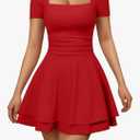 XXTAXN Women's Sexy Square Neck Short Sleeve Ruched Tiered Ruffle Hem Flowy Club Party Mini Dress, Size M