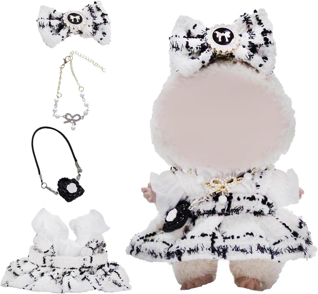 Clothes for labubu Doll(NO Doll),5-Piece Set,Outfits for labubu,17 cm Dolls Clothes and Accessories,Includes Dress,Clothes,Hair Bow,Necklace,Bag(White)