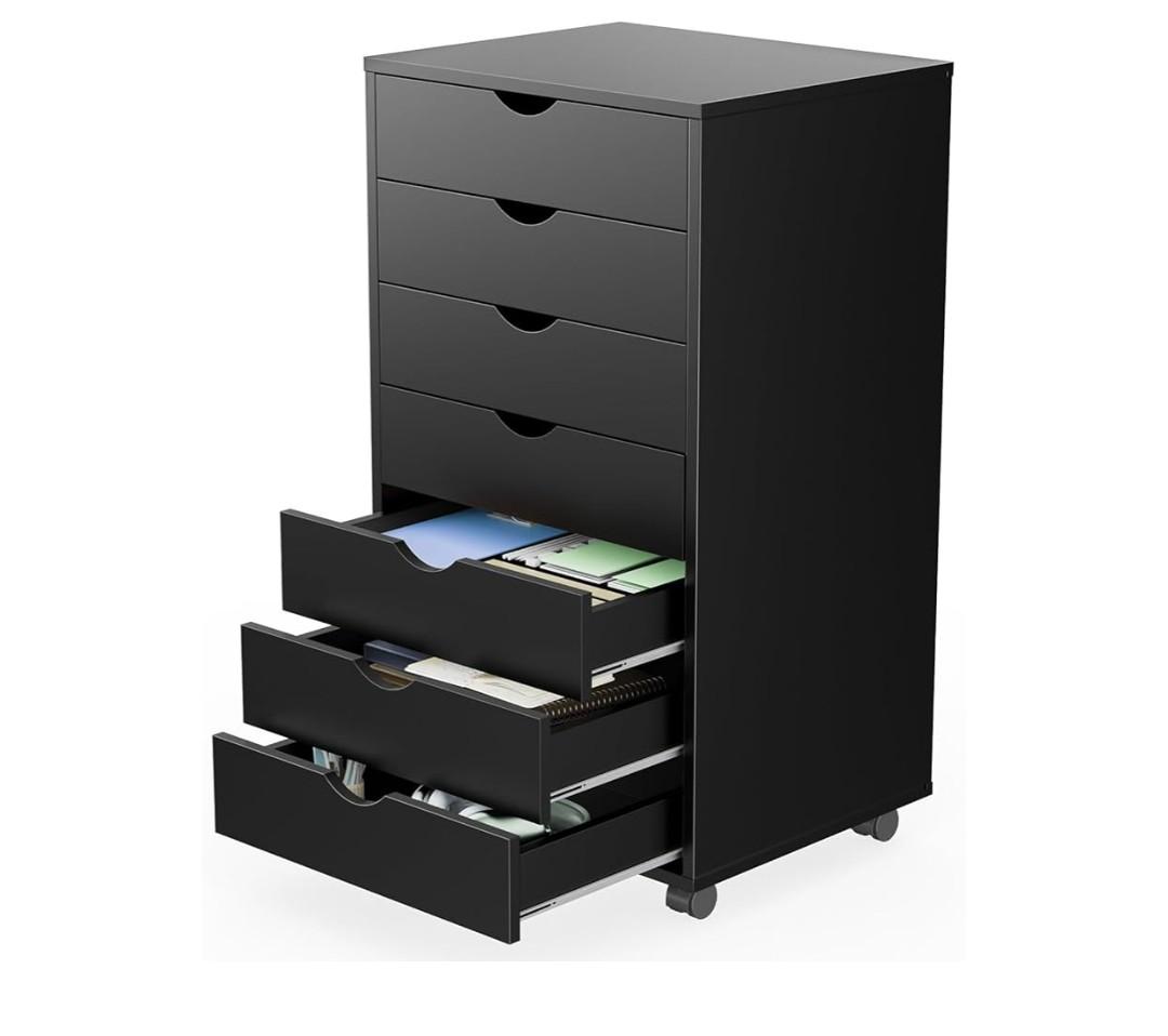 7 Drawer Chest Mobile Storage Cabinets Wooden Dresser with Wheels Room Organization Furniture for Office Home, Black Wood