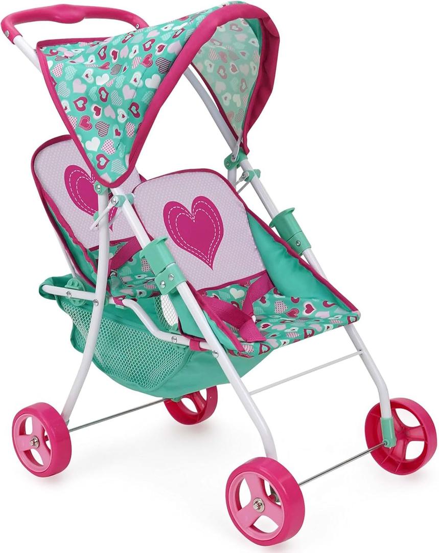 509 Crew: Mint Heart - Tandem Twin Doll Stroller - Hot Pink & Green, Storage Basket, Retractable Canopy, Folding, Accessory, Pretend Play Toy, Kids 3+
