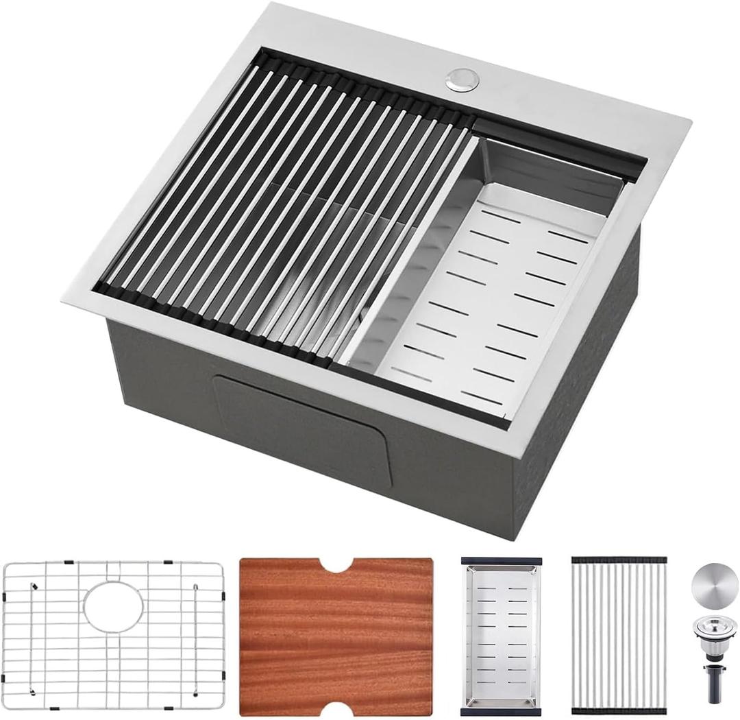 SHACO 21 Inch Drop In Kitchen Sink, 21 x 20 Inch Top Mount 16 Gauge Stainless Steel Single Bowl Workstation RV Small Kitchen Outdoor Laundry Wet Prep Sink with Accessories (Brushed Nickel)