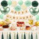 Sage Green Birthday Decorations - Green Party Decorations for Women Girls with Happy Birthday Banner, Balloons,Hanging Swirls, Pom Poms, Balloons for Party Decor (Gold and Green)