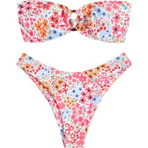 ZAFUL Women's Bandeau Bikini O Ring Strapless Tie Back High Cut Two Piece Swimsuit Bathing Suits (5-Floral Pink, S) ZAFUL Women's Bandeau Bikini O Ring Strapless Tie Back High Cut Two Piece Swimsuit Bathing Suits (5-Floral Pink, S)