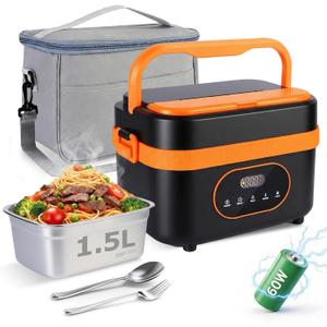Cordless Electric Lunch Box for Adults 1.5L Large Capacity Heated Lunch Box 20000mAh Rechargeable Portable Lunch Box Food Warmer with Smart Timer and Self-Heating for Outdoor, Work, Office, Camping