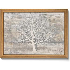 Framed Tree of Life Wall Art Pictures for Living Room, Modern 3D Textured Grey White Beige Tree Painting, Minimalist Nature Wall Decor for Bedroom, Bathroom, Office Home Decor 16x24 inch