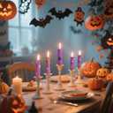 4-Pack Purple Printed Taper Candles Unscented - Dripless & Smokeless 7-Hour Burn - 10" Hand-Poured Candles with Pumkin Skull Ghost Design for Halloween Decoration