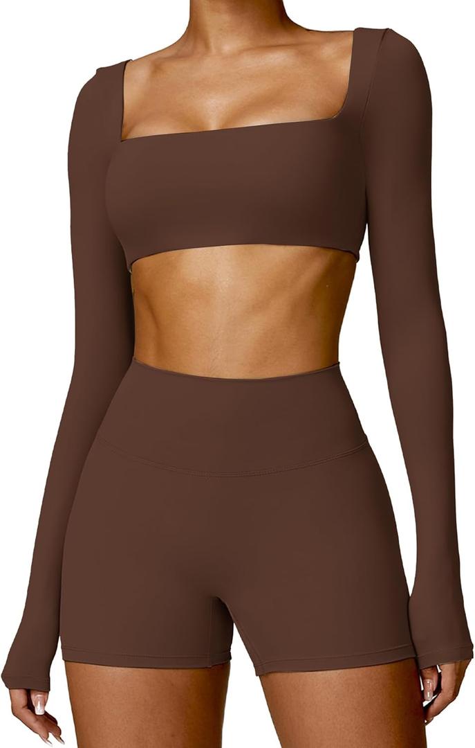 ABOCIW Women Square Neck Long Sleeve Workout Crop Top Low Medium Impact Athletic Yoga Gym Shirts with Built in Bra(ONLY TOP) (Brown)