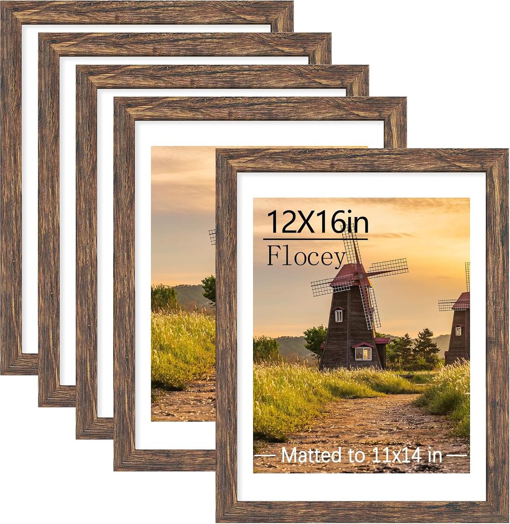 12x16 Picture Frame 5 Pack, Rustic Brown Photo Frame, Display Pictures 11x14 with Mat or 12x16 without Mat for Horizontal or Vertical Wall Mounting, Wall Gallery Frame for Artwork Certificate