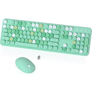 Colorful Wireless Keyboard and Mouse Combo, COVEVA 2.4GHz Wireless Retro Cute Round Keycaps Keyboard, 104 Keys Full-Sized Keyboard Mouse Set with Switch Button for PC Laptop Desktop (Green Colorful)