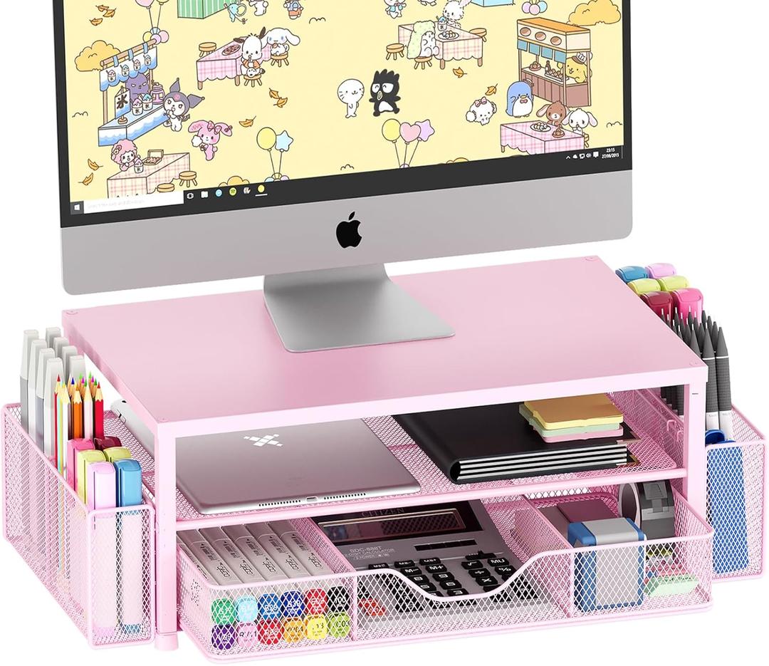 OPNICE Desk Organizers and Accessories, 2-Tier Computer Monitor Stand Riser with Drawer and 2 Pen Holders, Laptop Stand, Office Desk Accessories & Office Decor for Women, Pink (Pink 1-Pack)