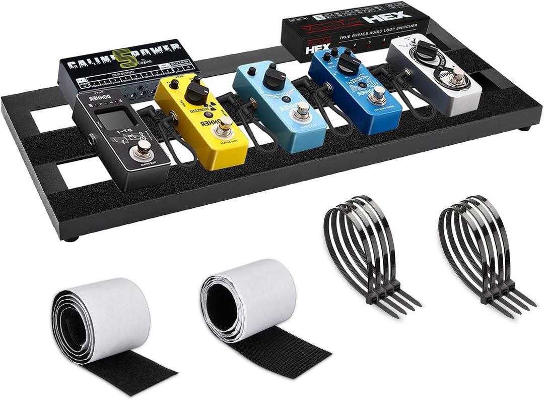 Medium Guitar Pedal Board, 20x8x1.2", Aluminum Alloy Black Effects Pedal Board with Adhesive Hookside Tape