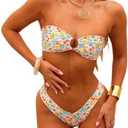 Alyweatry Women Floral Bandeau Bikini Set O Ring Strapless Tie Back Bikini Top High Cut Cheeky Thong Bathing Suit S