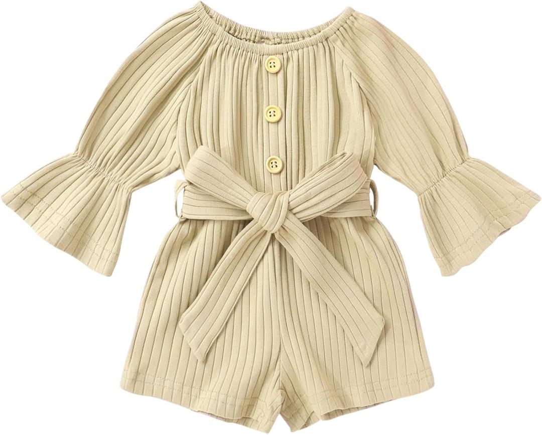 YOUNGER TREE Kids Toddler Baby Girls Summer Outfit Off-Shoulder Sunflower Overall Romper Jumpsuit Short Trousers Clothes (12-18 Months, Beige)