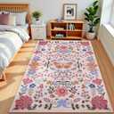 Terrug 4x6 Pink Floral Area Rug for Bedroom,Boho Machine Washable Ultra-Thin Rugs with Non-Slip Blacking for Living Room,Large Flower Carpet for Dining Room Playroom Floor Decor