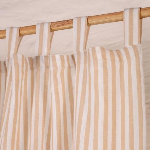 Gauze Ticking Striped Curtains, Boho Linen Gauze Tab Top Hanging Light Filtering Pinstripe Cafe Curtains 2 Panel Curtain Drapes for Living Room Home Décor Beige on White (45"x26" Each Panel)