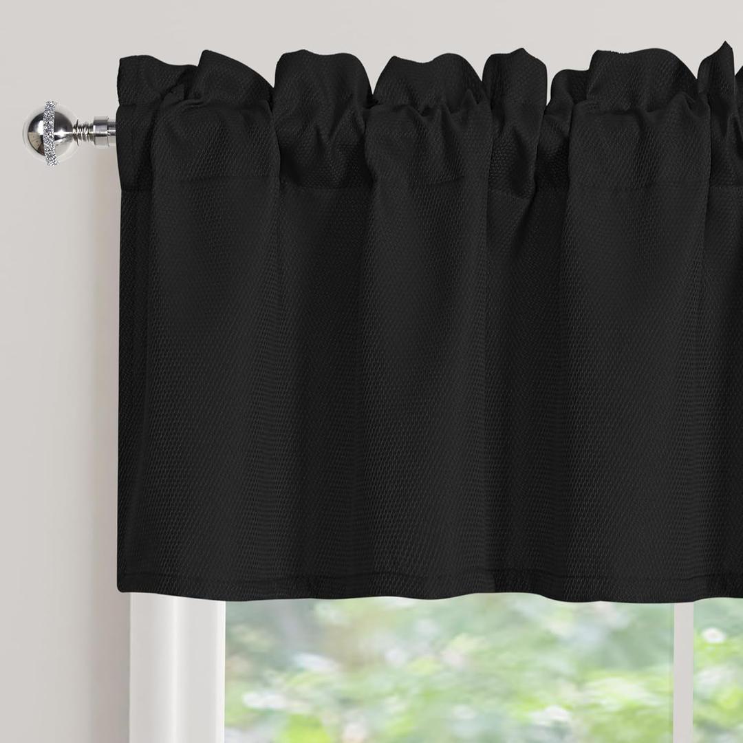 XWZO Rectangle Textured Window Valance for Kitchen Basement Rod Pocket Antiwrinkle Jacquard Small Window Kitchen Curtain Valance Cafe Curtains Black, One Panel, Rustic Home Décor 60 by 15 Inches