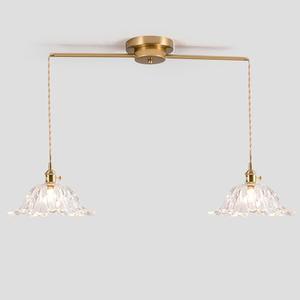 2-Lights Brass Vintage Pendant Light Fixtures, Modern Chandelier Pendant Light with Clear Flower Glass Lmapshade, Adjustable Hanging Lights for Kitchen Island Dining Room Hallway, E26 (Clear)