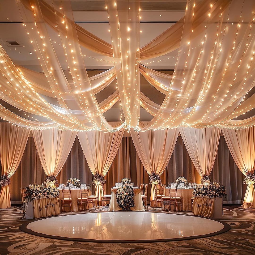 6 Panels Champagne Ceiling Drapes with Lights for Wedding 5ftx30ft Photo Backgrounds Sheer Curtains Drapery Decorations for Party Ceremony Stage Swag
