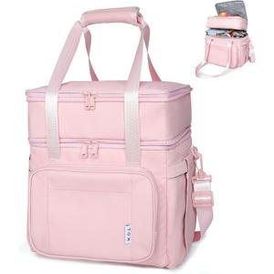 NOL Natural Organic Lifestyle Insulated Lunch Bag for Women/Men, Large Double-layer Expandable Leakproof Lunch Cooler Bag, Lunch Tote Bag With Side Tissue Pocket for Office Travel Picnic (Pink)