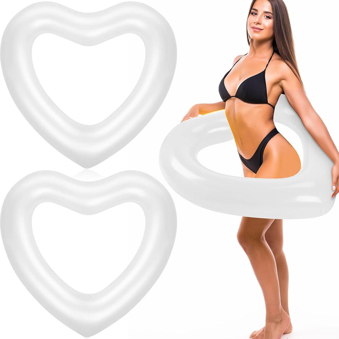 Junkin 47. 3 x 39. 4 Inch White Heart Pool Float Bachelorette Inflatable Swim Float Bride Pool Water Ring Loungers Tube Swimming for Engagement, Wedding, Summer Beach Party(2 Pcs)