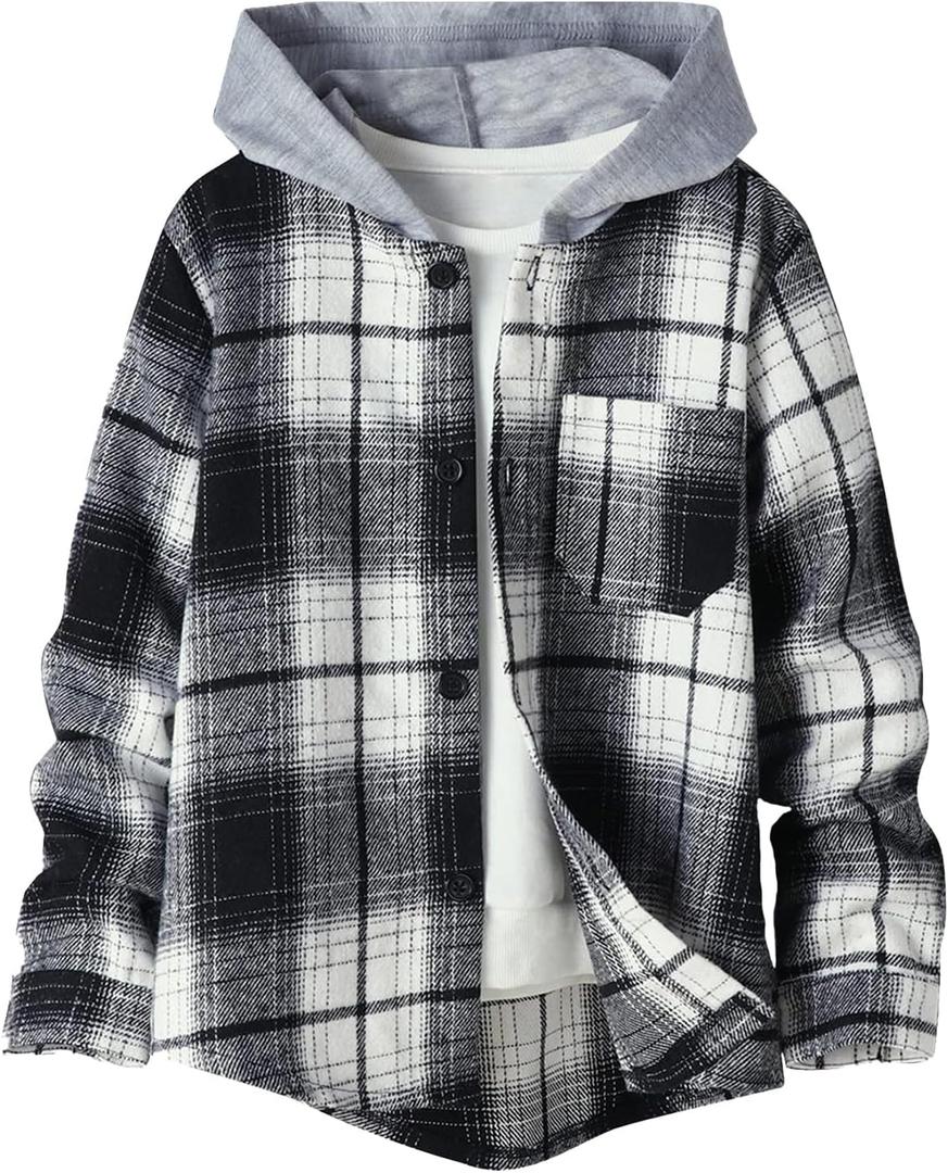 Boys Flannel Shirts Plaid Hooded Button Down Long Sleeve Shirt Fall Winter Clothes Lightweight Shacket Jacket 7-8 Years 