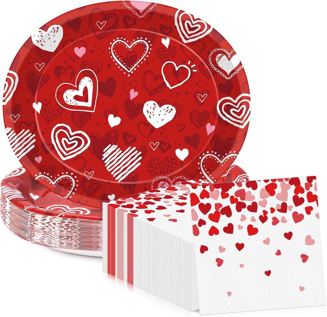 50Pcs Valentine's Day Oval Paper Plates and Napkins, Heart and Love-Themed Tableware Set Serve 25 Guests, Large 10"x12.5" Heavy Duty Plates and 6.5'' Napkins, Disposable Valentine's Day Party Supplies