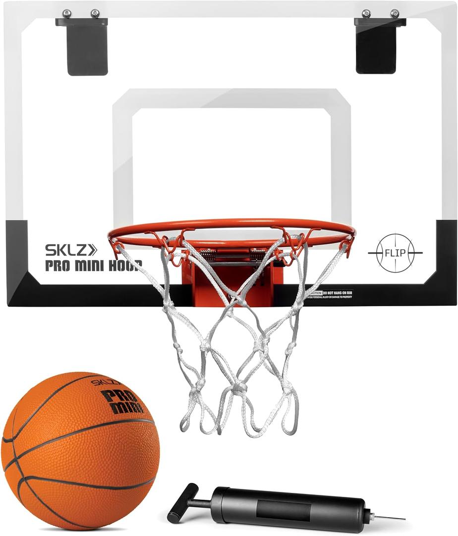 SKLZ Pro Mini Indoor Basketball Hoop with Ball, Over the Door, Shatter-Proof Backboard, Spring-Action Break-Away Steel Rim, Room, and Office, Style: Flip Rim,  Product Dimensions 3.15"D x 18"W x 12"H
