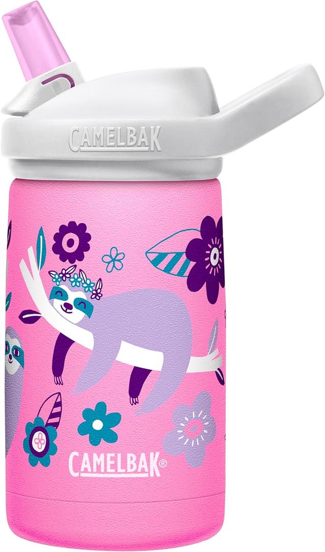CamelBak Eddy+ Kids Bite Valve Straw Insulated Stainless Steel Water Bottle Flowerchild Sloth, 12oz