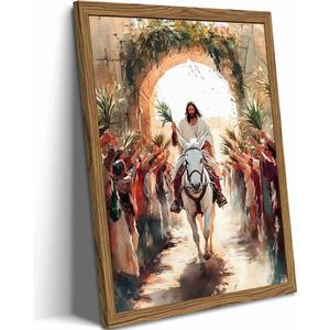 Jesus Triumph Wall Art Spiritual Jesus Palm Sunday Wall Decor Painting Christian Triumphal Religious Artwork 3D Textured Hand Drawn Sandstone for Bedroom Living Prayer Room 12x16 inch Wood Framed