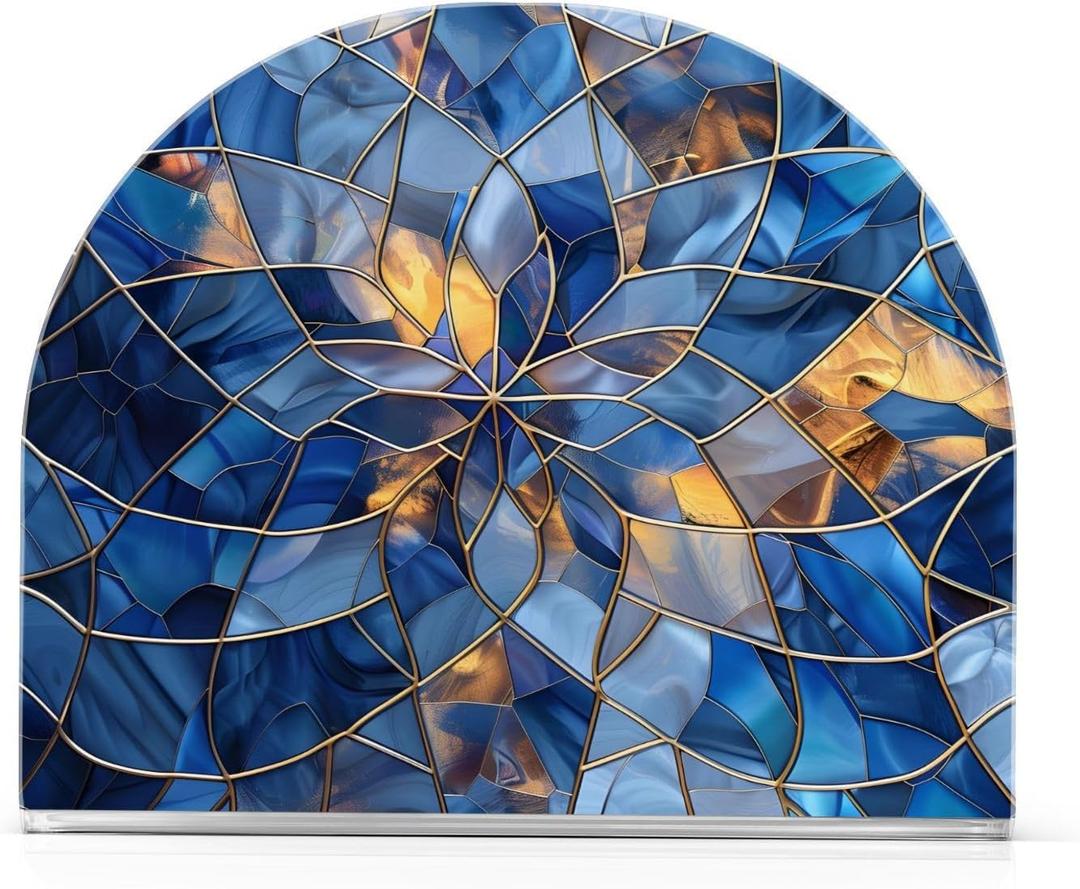 Stained Glass Blue Pattern Napkin Holder for Table Paper Napkins Holder Acrylic Tissue Dispenser Kitchen Dining Room Bathroom Party Car Decor (4.1x4.9x1.97in, NH041)