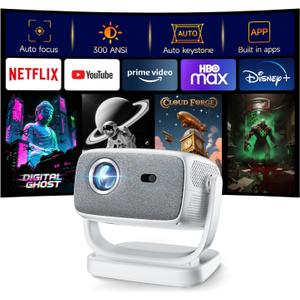 [Built-in Apps&Auto Focus] Portable Projector 1080P Smart Mini Projector Support 4K 180 Stand Auto Keystone with WiFi 6 Bluetooth Fabric Panel Movie Projector Compatible with TV Stick/Xbox/Laptop