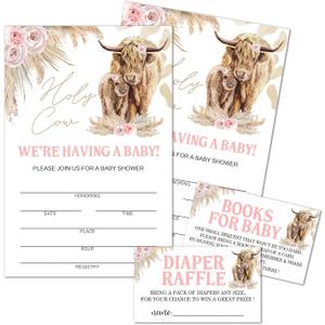 Moonle Baby Shower Invitations with Envelopes, Diaper Raffle Tickets and Baby Shower Book Request Cards, Boho Highland Cow theme babyshower party supplies, Set of 25, Pink
