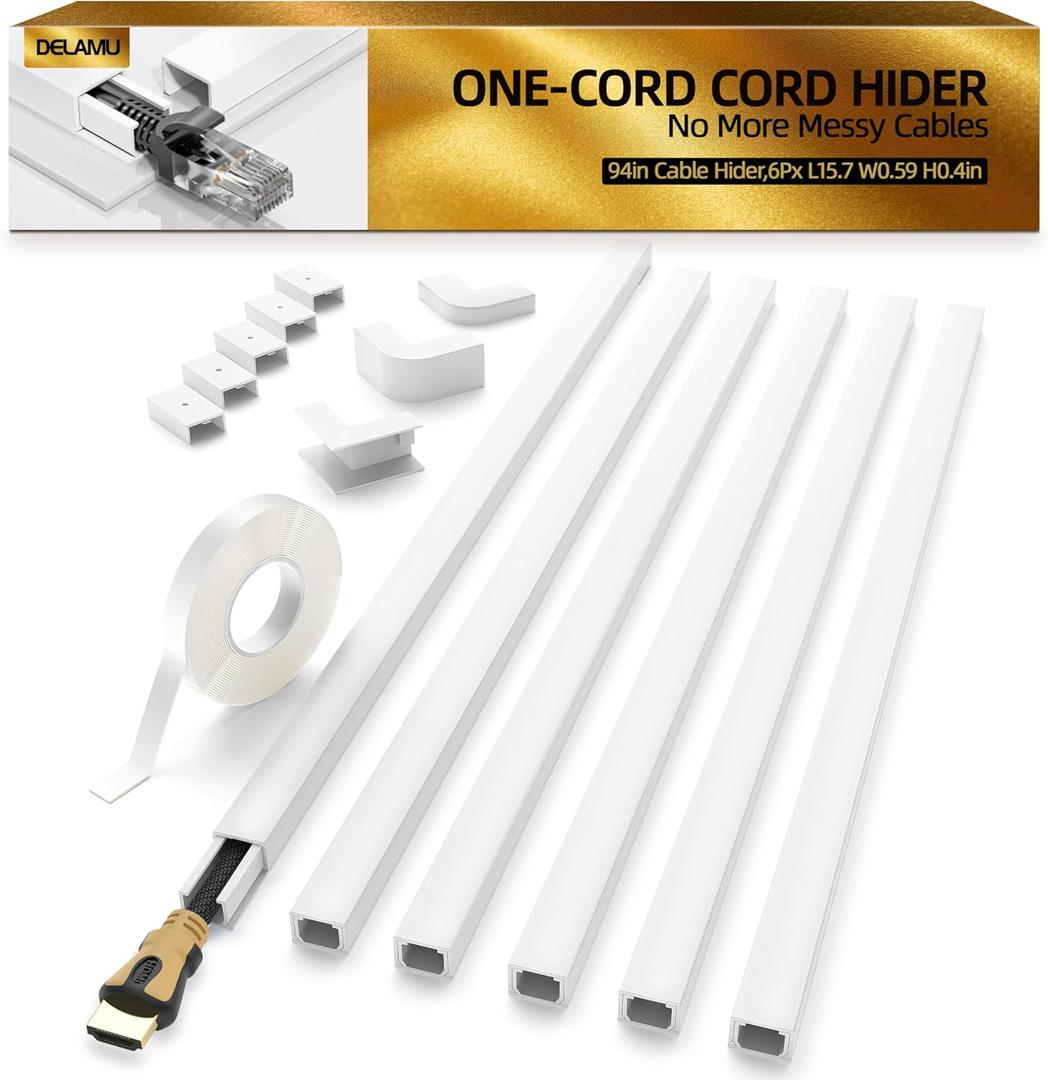 Delamu Cord Hider, 94.5in Cord Covers for Wires on Wall, One-Cord Cable Hider, Wire Hiders Wire Covers for TV Cords on Wall, Easy Mount Cable Cover Management Kit, 6xL15.7 W0.59 H0.4in, White (Small)