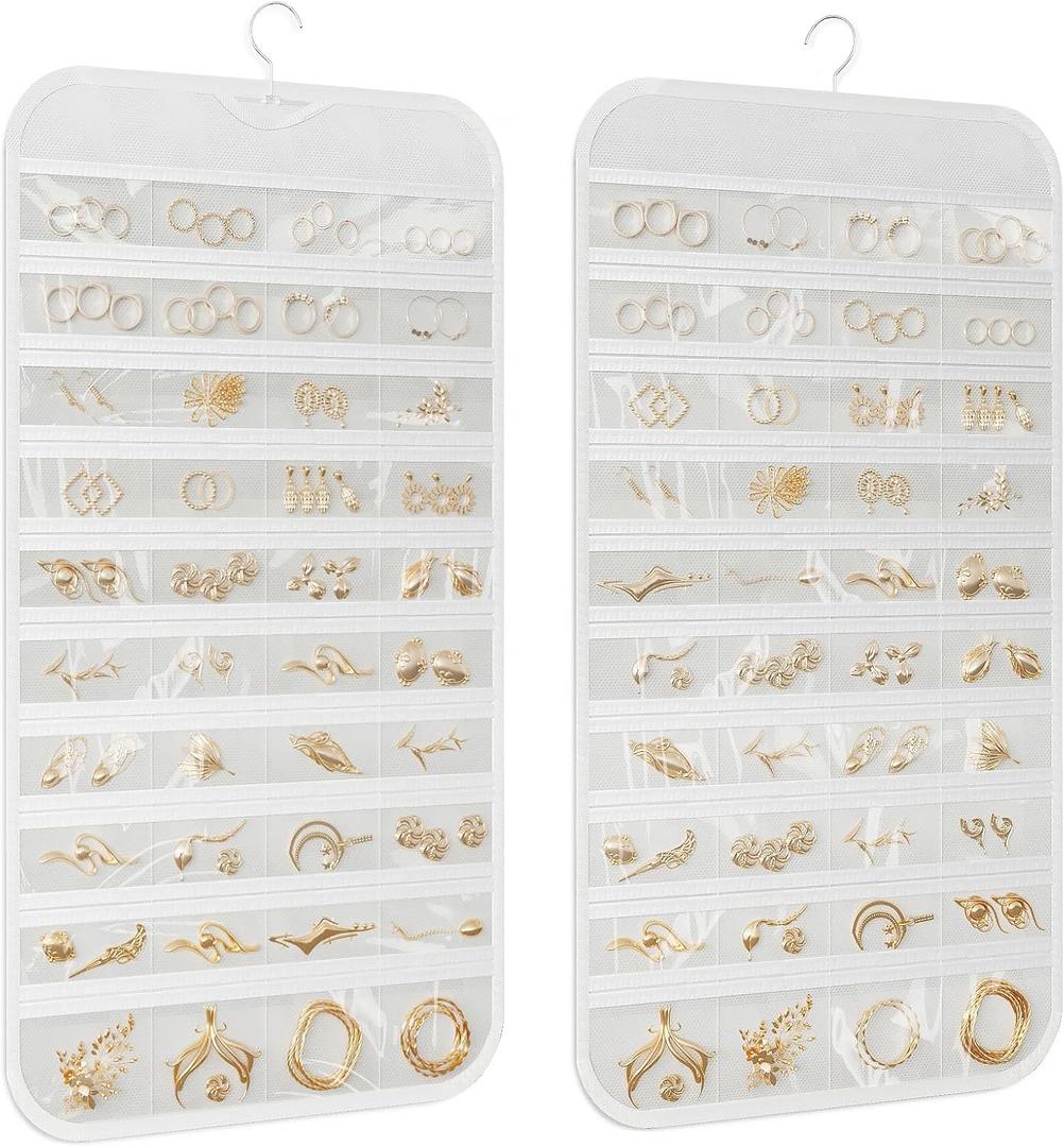 1 Pack Hanging Jewelry Organizer 80-Pocket Dual-sided Jewelry Storage for Earring Necklace Bracelet Ring Travel Holder, White