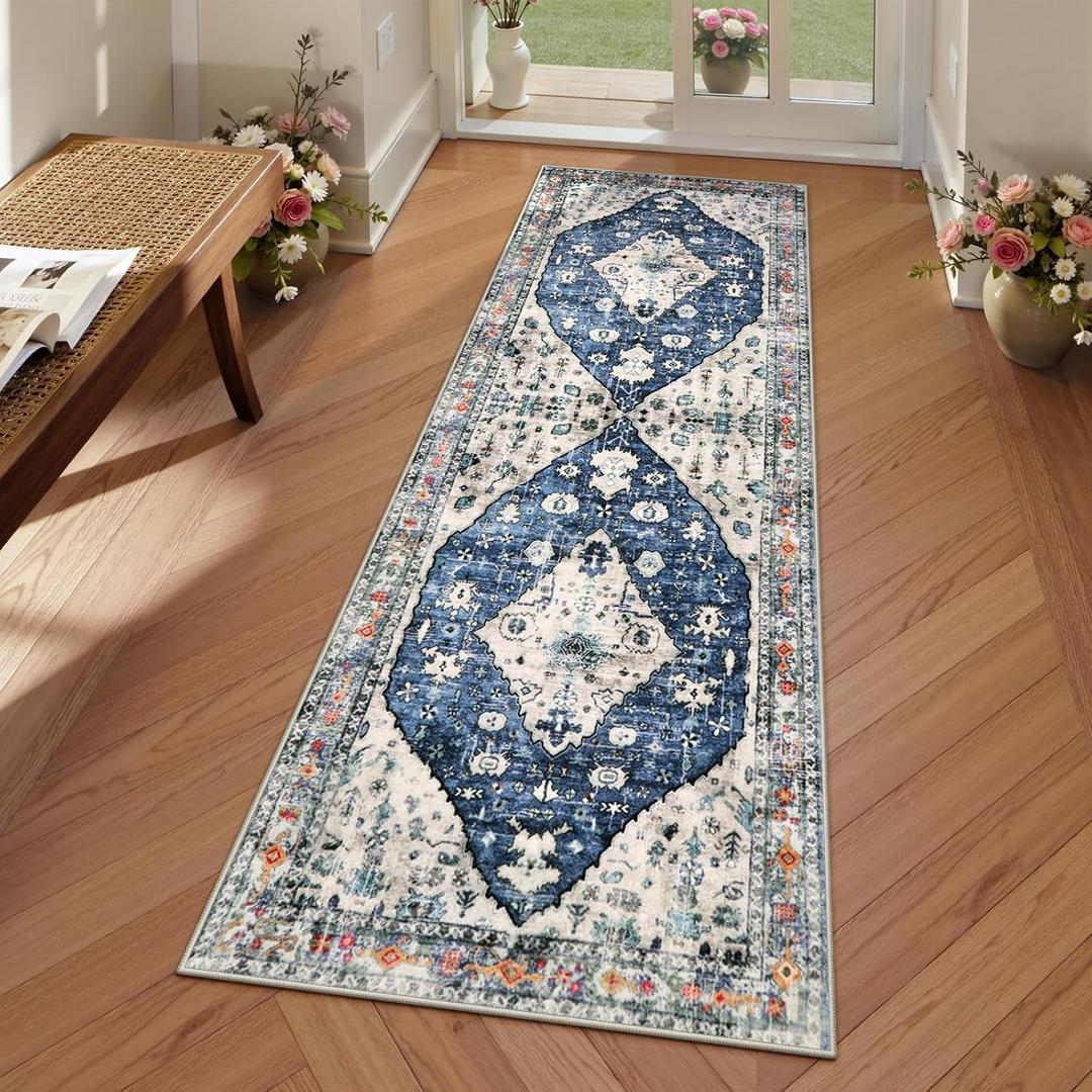 Lahome Boho Tribal Runner Rug - 2x6 Kitchen Rug Runner for Living Room Entryway Mat, Turkish Soft Washable Non Slip Throw Office Carpet Runners for Bathroom Sunroom Mudroom Foyer, Blue