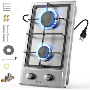 Cooksir Gas Cooktop 2 Burner - 12 Inch Built-in 2 Burner Propane Stove, NG/LPG Convertible Stainless Steel Gas Stovetop with Flame Out Protection for Apartment, Kitchen, RV, Dorms, 110V Plug in