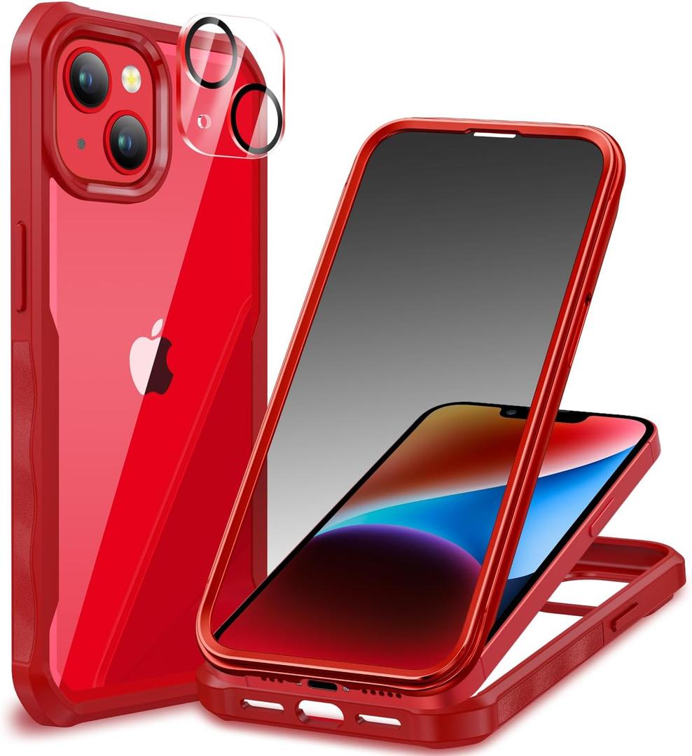 CENHUFO Privacy for iPhone 14 Plus Case, Full Body Phone Case with Built-in 9H Tempered Glass Privacy Screen Protector and Camera Lens Protector, Anti Peep Spy Shockproof Bumper Clear Cover - Red