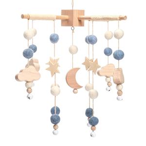 Boho Baby Crib Mobile Decor - Wooden Moon and Stars Nursery Mobiles with Cloud for Bassinet Starry Night Handmade Soft Felt Beads Hanging Wind Chime Toys Pendant for Infant Newborn Boy and Girl (Blue)