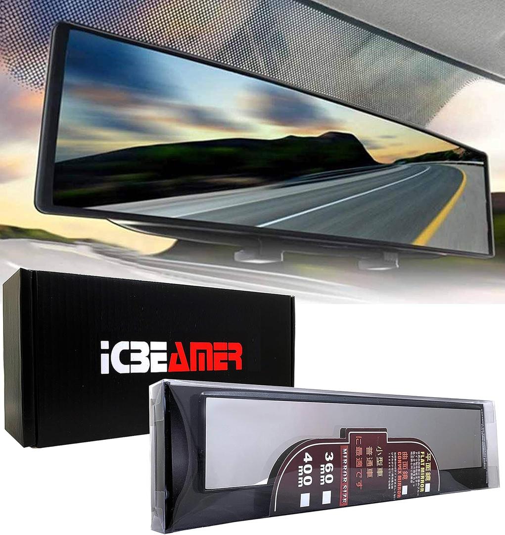 15.8" ICBEAMER Clip On Rear View Mirror | Flat Clear Tint Glass, Panoramic Wide Angle HD Glass, Anti Glare, Universal Fit for Car, SUV, Truck | Eliminates Blind Spots (1 Pack)