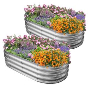 Eclaron Galvanized Raised Garden Bed for Outdoor: 4X2X1ft Durable Metal Vegetable Plant Container Kit - Oval Planter Box for Gardening Flower Trough （2 Pack）